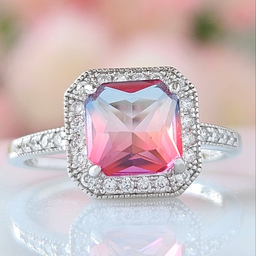 Pink & Blue Tourmaline Ring, 925 Sterling Silver Charmed Aroma Cotton Candy